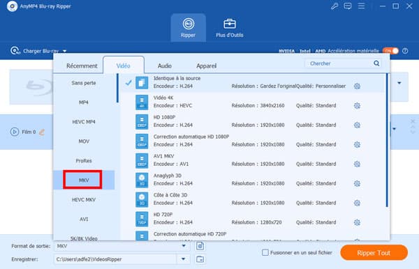 Choisir MKV comme le format de sortie