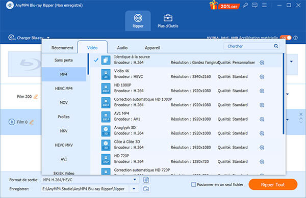 Sélectioner le format de sortie