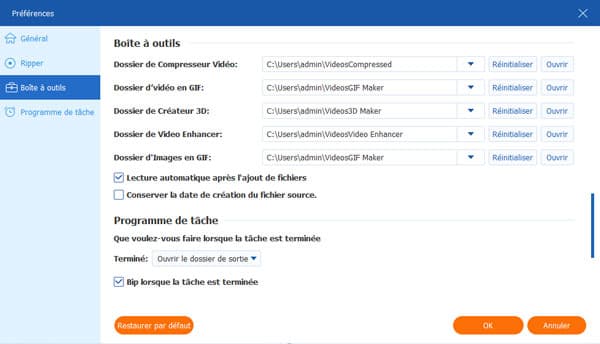 Préférences Boîte à outils