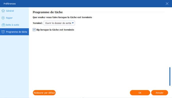 Préférences Programme de tâche