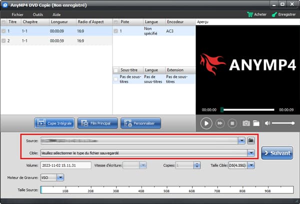 Choisir la destination DVD