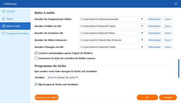 Boîte à outils Réglages