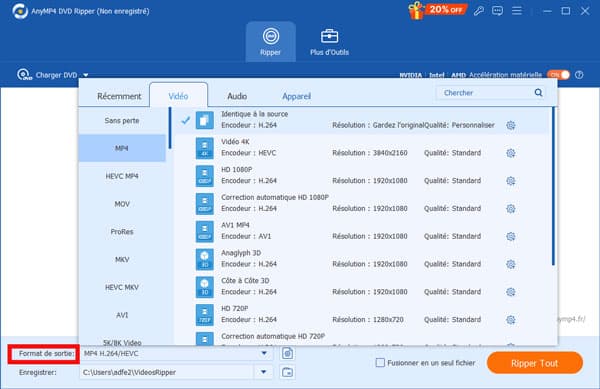 Choisir format de sortie