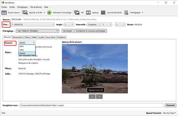 Sélectionner titre, chapitres et options de sortie