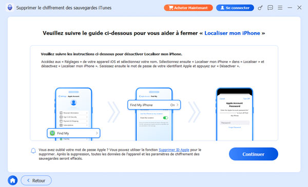 Fermer localiser mon iPhone pour supprimer le chiffrement des sauvegardes iTunes