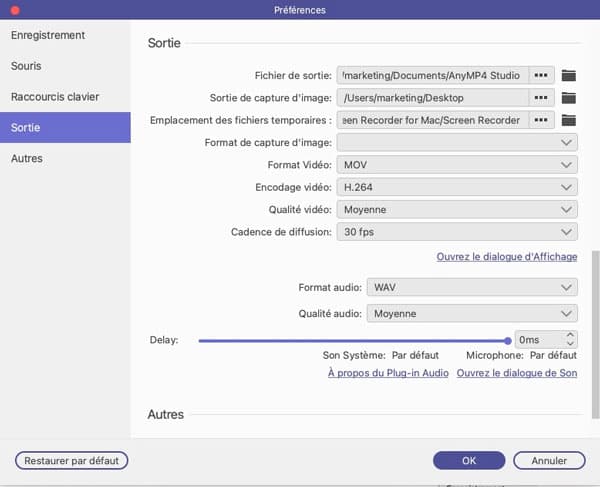 Modifier les paramètres de sortie