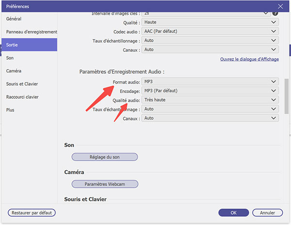 Définir le format et la qualité d’audio