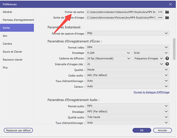 Définir emplacement de stockage audio