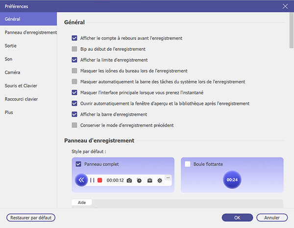 Modifier les paramètres de l’enregistrement