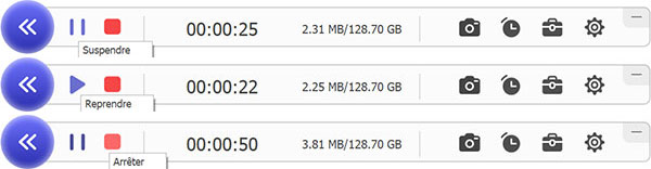 Cliquer sur les boutons pour suspendre et reprendre ou arrêter l’enregistrement