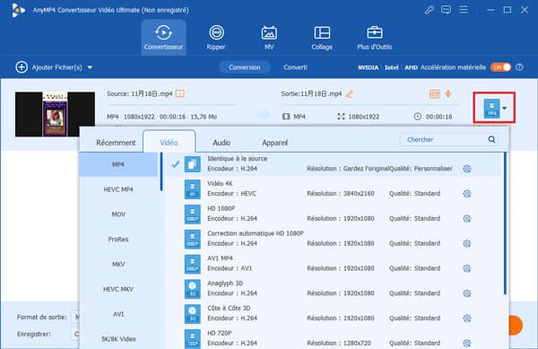 Choisir le format MP4