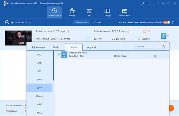 Sélectionner WAV comme le format de sortie