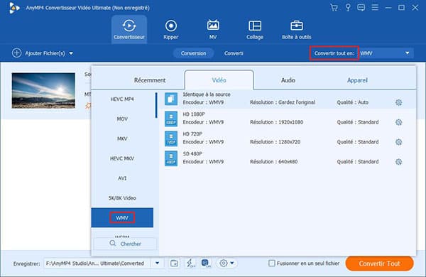 Sélectionner WMV comme le format de sortie