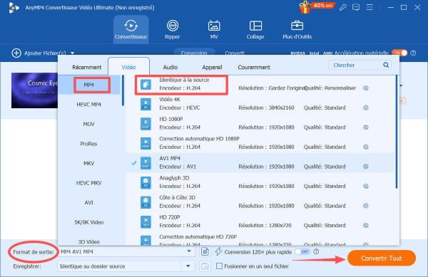 Définir le format cible et cliquer sur Convertir Tout