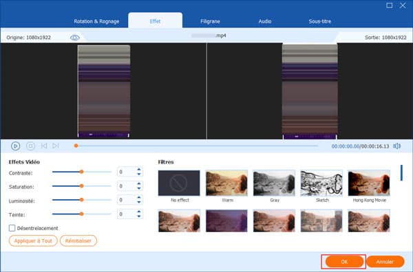 Ajuster l'effet & le filtre vidéo