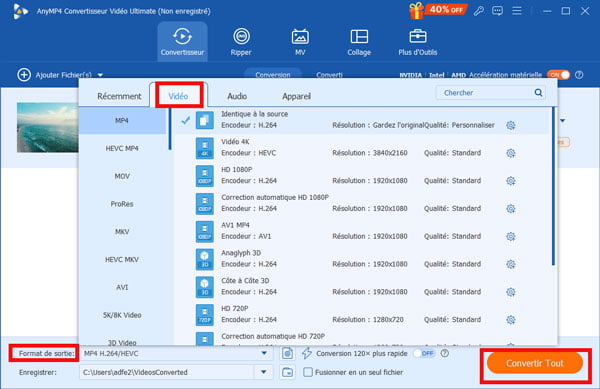 Séléctionner le format de sortie et convertir