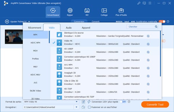 Définir MP4 comme le format de sortie