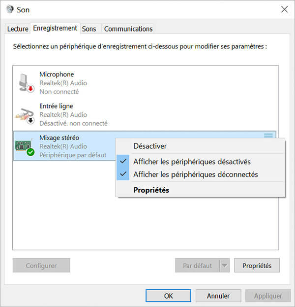 Activer le Mixage stereo du PC