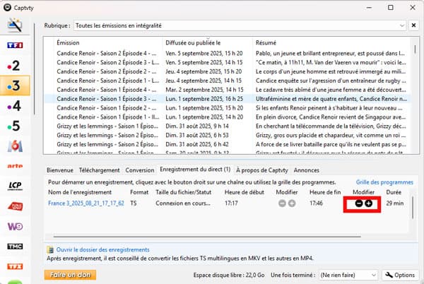 Ajuster l'heure de fin dans Captvty