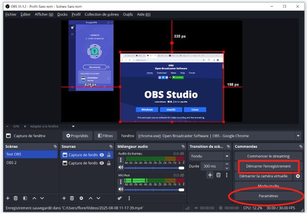 Ajuster les paramètres puis démarrer l’enregistrement avec OBS