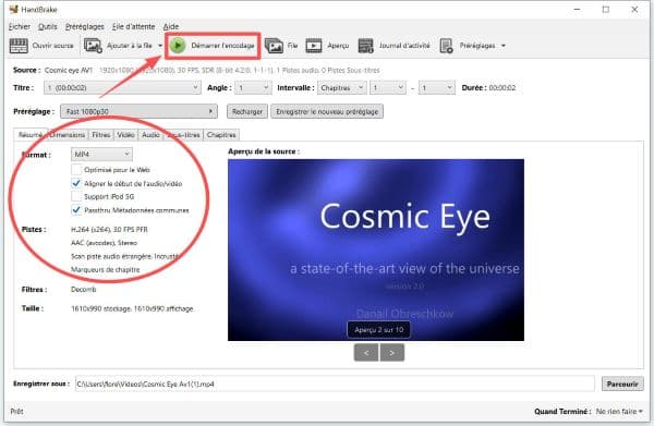 Cliquer sur Démarrer l’encodage avec HandBrake