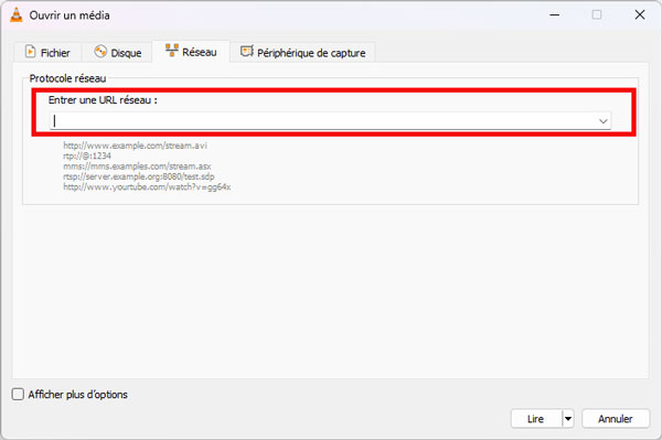 Entrer URL de TV dans VLC