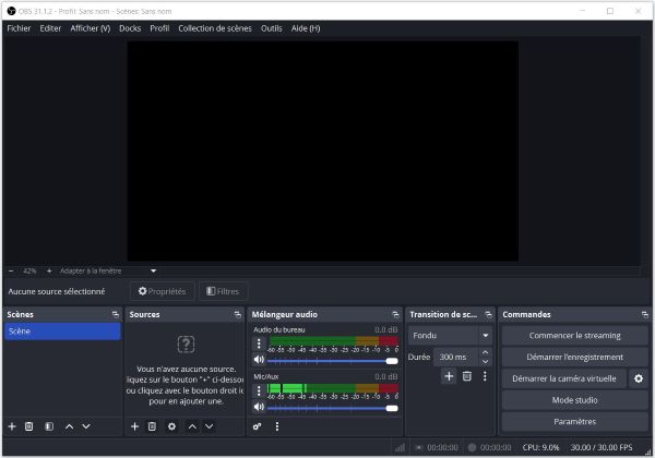Interface d'OBS Screen Recorder