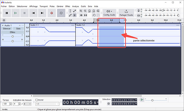La partie sélectionnée à supprimer