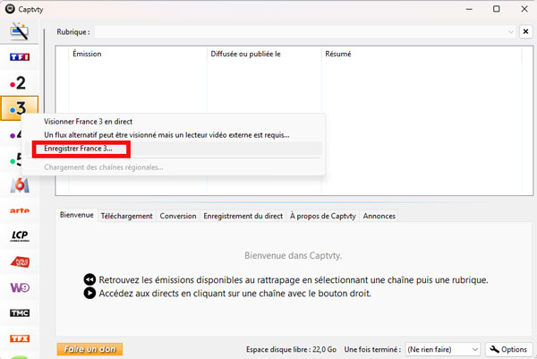 Séléctionner la chaîne dans Captvty