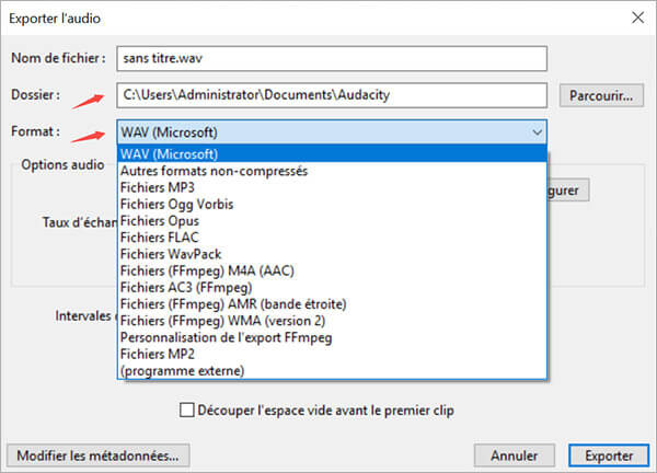 Définir le stockage et le format audio