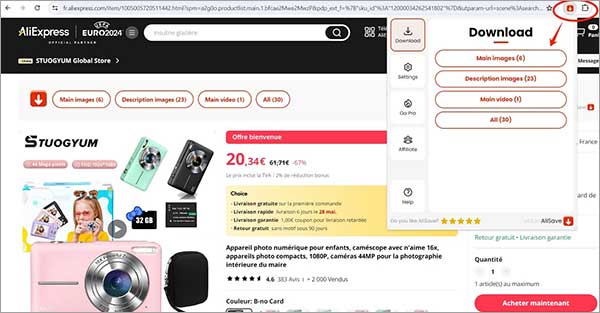 Télécharger une vidéo AliExpress via une extension AliSave