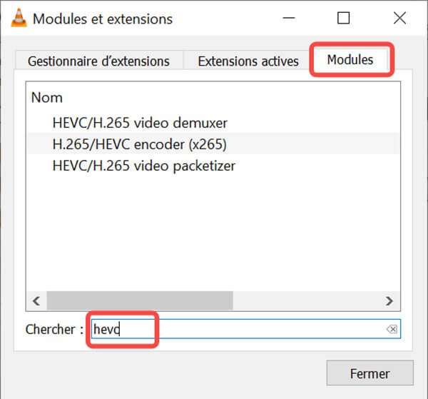 Vérifier le plugin HEVC sur VLC