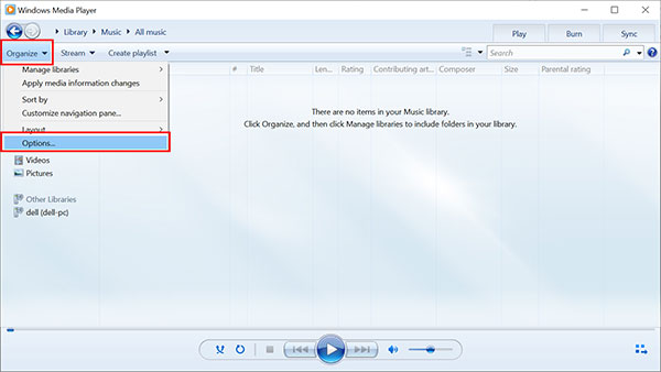 Options sur Windows Media Player